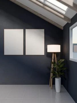 Blank frames on dark wall with standing lamp and vase on tiles floor under .. 库存插图