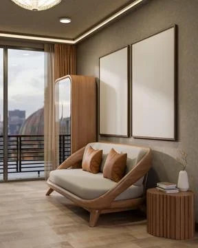 Blank frames hanging over wooden sofa with cushions next to a glass door of.. Ilustração Stock
