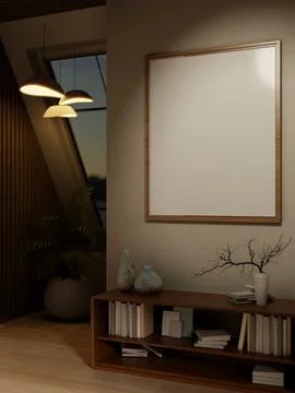 Blank frames hanging over wooden bookshelf at the end of corridor or hallwa.. イラスト素材