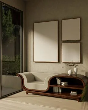 Blank frames on living room wall over a creative table with armchair on woo.. Stock Illustration