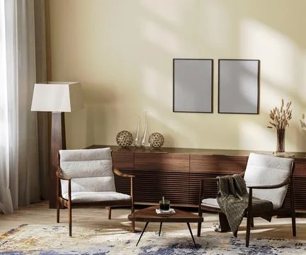 Blank frames mock up in living room interior background in beige and brown co イラスト素材