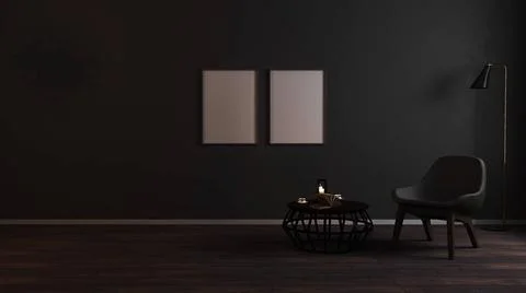 Blank frames mock up in luxury dark living room interior background with g... 스톡 사진