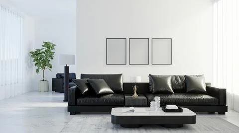 Blank frames mock up in modern living room interior with black leather sofa,  Stock Illustration