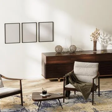 Blank frames mock up in modern living room background, home interior with dar イラスト素材