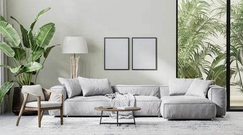Blank frames mock up in modern living room interior with gray sofa, wooden fu Illustrazione stock