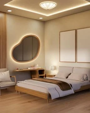 Blank frames on wall and Irregular shape led mirror over wooden table next .. Illustrazione stock