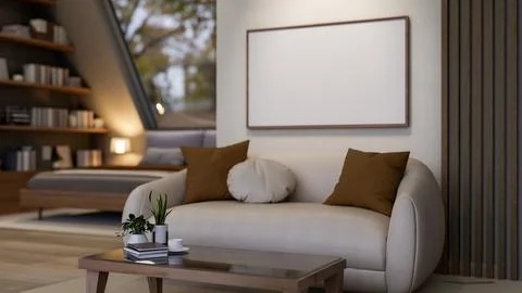 Blank frames on a wall over a leather sofa and glass top table on wooden fl.. Stockillustratie