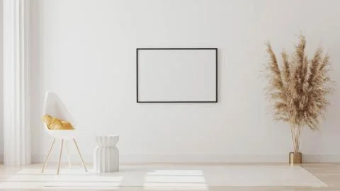 Blank frames on white wall in empty room with column and white chair with yel Stock Illustration