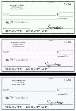 Blank generic bank checks, three of them in different colors are isolated on Stock Illustration