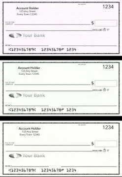Blank generic bank checks, three of them in different colors are isolated on Stock Illustration