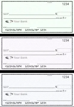 Blank generic bank checks, three of them in different colors are isolated on Stock Illustration