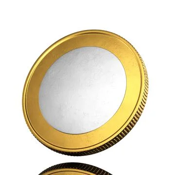 A blank gold coin with a silver center. The coin is turned