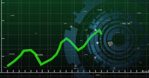Blank green grid time axis starting line graph with labels popping, HUD rotating Stock Footage 318194459