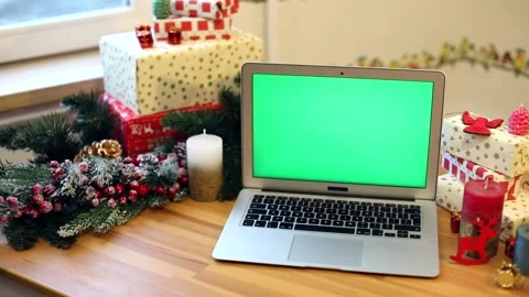 Blank green screen notebook with Christmas decoration. Presents for family. Chro 스톡 동영상 146304116