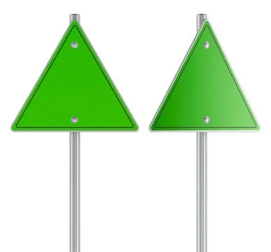 Blank green triangular traffic sign with front and side views, 3D illustratio Illustrazione stock