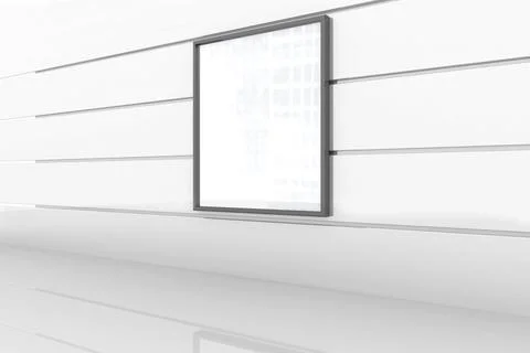 Blank grey-framed panel is being displayed on paneled wall over glossy floor in Stock Illustration