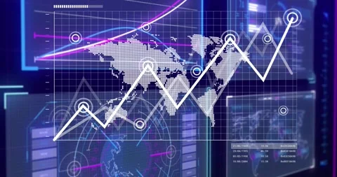 Blank grid panel appearing, pixel world map fading in and colored curves tracing Stock Footage 326189630