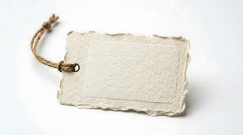 Blank handmade paper tag with rustic twine string on a clean white background Stock Photos