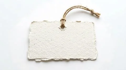 Blank handmade paper tag with rustic twine string on a white background. Stock Photos