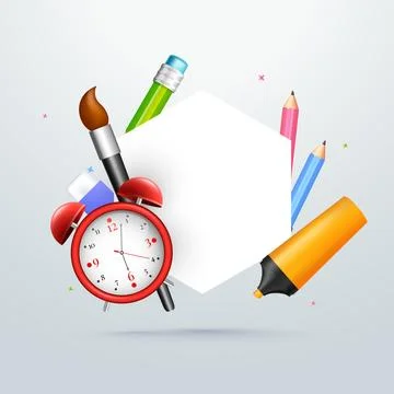 Blank Hexagon Frame Surrounded by School Supplies Elements, Alarm Clock on .. Illustrazione stock