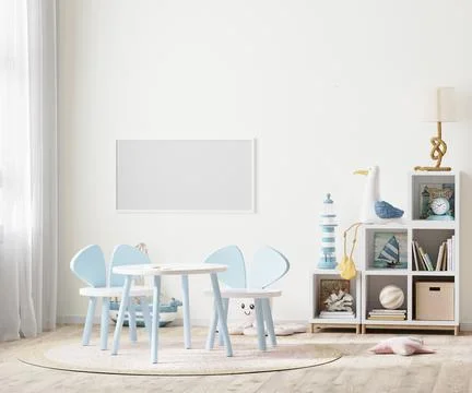 Blank horizontal frame in Bright children's room with kids table and shelves  Stock Illustration