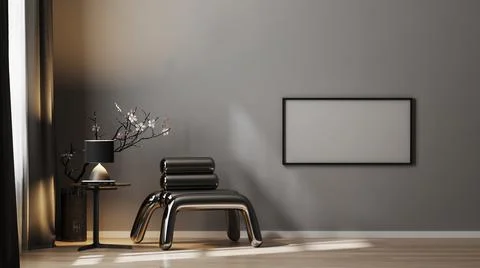 Blank horizontal frame mock up on gray wall in luxury dark interior with meta Stock Illustration