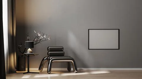 Blank horizontal frame mock up on gray wall in luxury dark interior with meta Stock Illustration