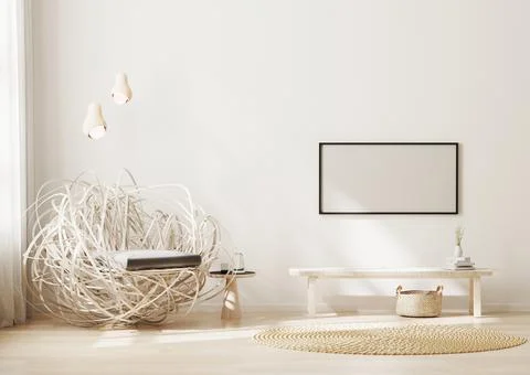 Blank horizontal frame mock up on wall in modern living room interior backgro Stock Illustration