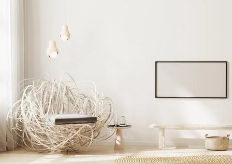 Blank horizontal frame mock up on wall in modern living room interior backgro Stock Illustration