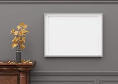 Blank horizontal picture frame hanging on gray wall. Template, mock up for your 스톡 일러스트