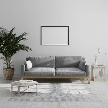 Blank horizontal picture frame mock up in modern minimalist living room inter Stock Photos