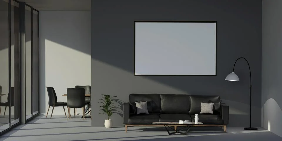 Blank horizontal poster frame mock up in Dark contemporary waiting room interior Stock Illustration