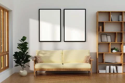 Blank horizontal poster frame mock up in living room interior, modern living Illustrazione stock