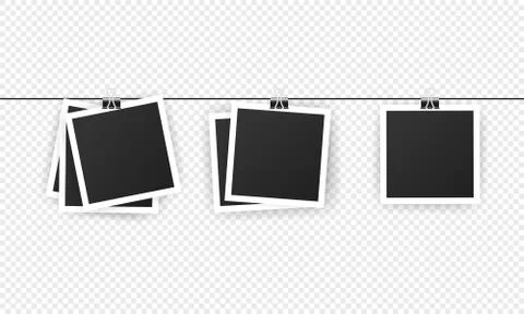 Blank instant photo frame set hanging on a clip.Realistic detailed photo icon 库存插图