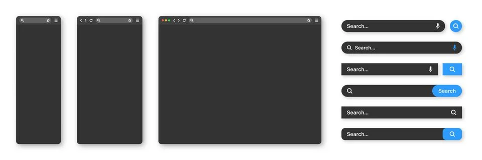Blank internet browser window with various search bar templates, dark mode. Web Stock Illustration