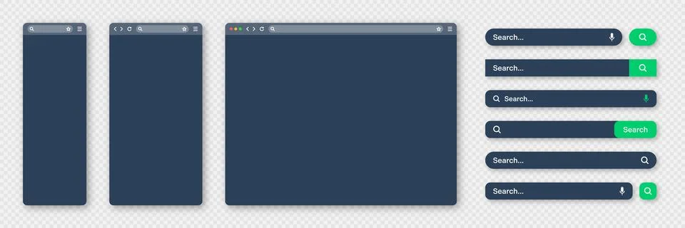 Blank internet browser window with various search bar templates, dark mode. Web 스톡 일러스트