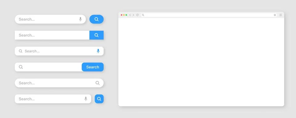 Blank internet browser window with various search bar templates. Web site engine 스톡 일러스트