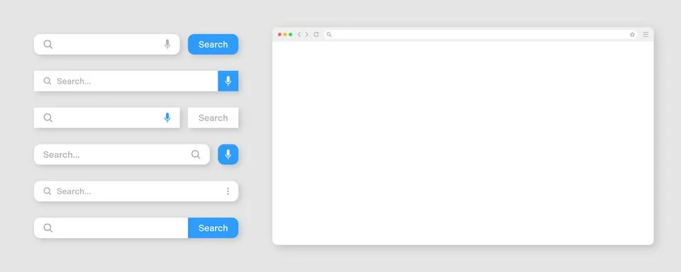 Blank internet browser window with various search bar templates. Web site engine Stock Illustration
