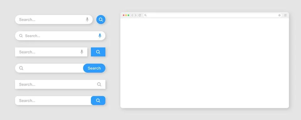 Blank internet browser window with various search bar templates. Web site engine Stock Illustration