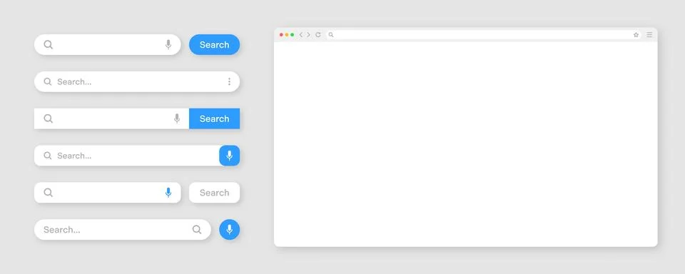 Blank internet browser window with various search bar templates. Web site engine 스톡 일러스트