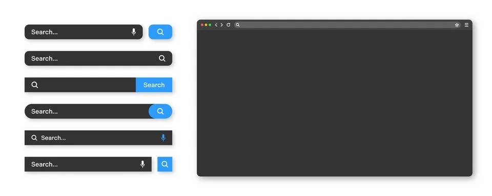 Blank internet browser window with various search bar templates, dark mode. Web 스톡 일러스트