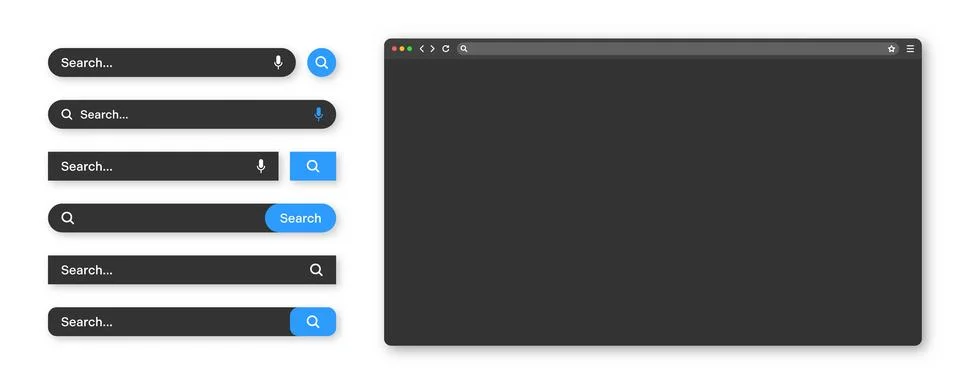 Blank internet browser window with various search bar templates, dark mode. Web 스톡 일러스트
