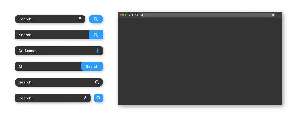 Blank internet browser window with various search bar templates, dark mode. Web Illustrazione stock