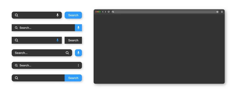 Blank internet browser window with various search bar templates, dark mode. Web Illustrazione stock
