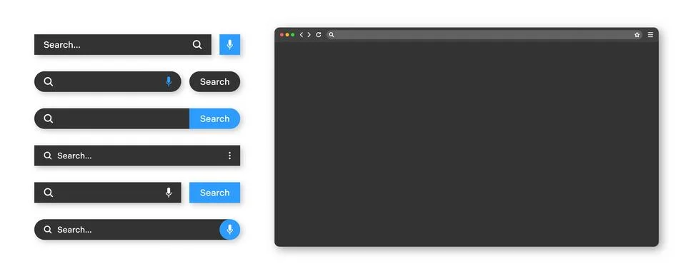 Blank internet browser window with various search bar templates, dark mode. Web Stock Illustration