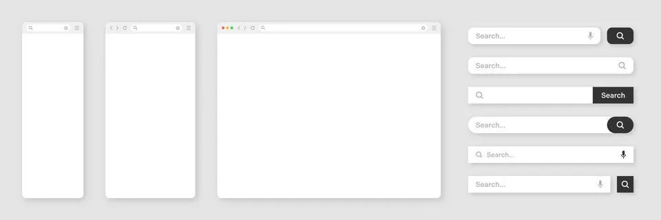 Blank internet browser window with various search bar templates. Web site engine 스톡 일러스트
