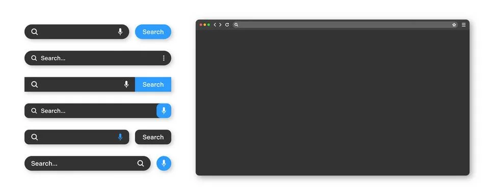 Blank internet browser window with various search bar templates, dark mode. Web Stock Illustration