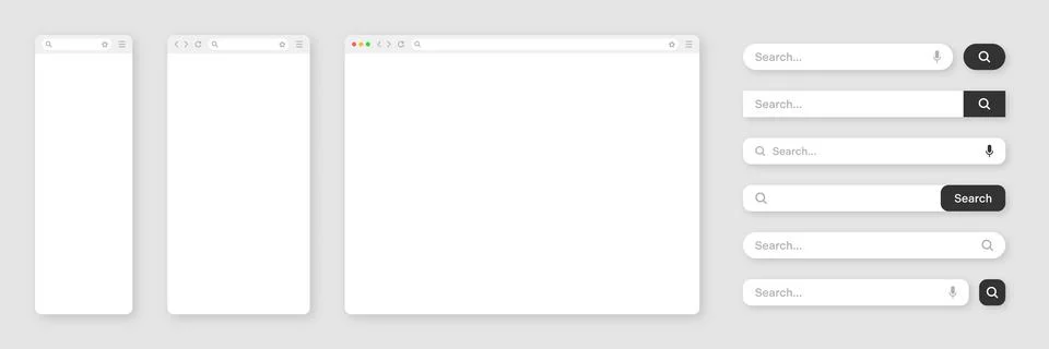 Blank internet browser window with various search bar templates. Web site engine Stock Illustration