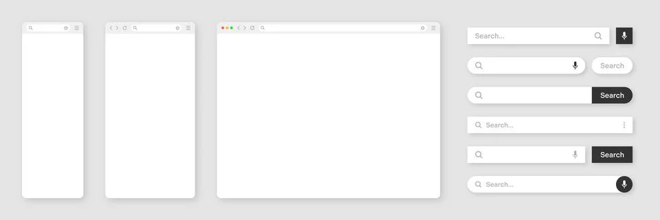 Blank internet browser window with various search bar templates. Web site engine Stock Illustration