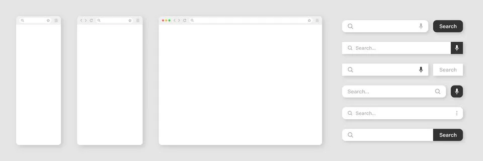 Blank internet browser window with various search bar templates. Web site engine Illustrazione stock